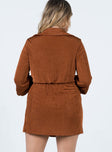 back view of model wearing Princess Polly Karley Wrap Mini Dress Brown 