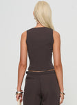 back view of model wearing Princess Polly Airi Top Brown Petite Sleeveless Scoop Neck 