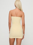 back view of model wearing Princess Polly Savins Strapless Mini Dress Yellow Straight Neck 