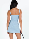 Front view of model wearing  front Princess Polly Square Neck  Adler Mini Dress Blue