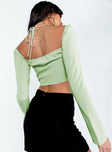 back view of model wearing Princess Polly Geneve Long Sleeve Top Green Full Sleeves Square Neck 