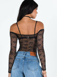 back view of model wearing Princess Polly Mademoiselle Bodysuit Black Full Sleeves straight 