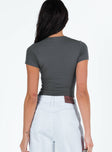 back view of model wearing Princess Polly Kandis Bodysuit Grey Short Sleeves High Neck 