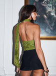 back view of model wearing Princess Polly Frostbloom Scarf Neck Bodysuit Green Sleeveless 