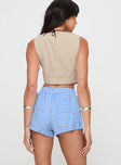 back view of model wearing Princess Polly Beach House Shorts Blue / White Gingham High Waisted Shorts 