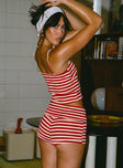 side view of model wearing Princess Polly Miztaray Shorts Red / Cream Stripe High Waisted Shorts 