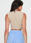 back view of model wearing Princess Polly Burrows Denim Vest Cream Sleeveless V-Neck 