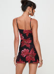 back view of model wearing Princess Polly Kellers Mini Dress Black / Floral Square Neck 