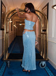 back view of model wearing Princess Polly Kalokairi Cut Out Maxi Skirt Blue Maxi 