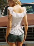 back view of model wearing Princess Polly Francia Frill Top White Short Sleeves Square Neck 