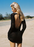 back view of model wearing Princess Polly Cylian Long Sleeve Knit Mini Dress Black Crew Neck 