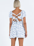 Front view of model wearing  front Princess Polly Scoop Neck  Let's Dance Mini Dress Blue Floral