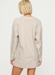 back view of model wearing Princess Polly Cardi Long Sleeve Mini Dress Cream V-Neck 