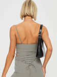 back view of model wearing Princess Polly Untouched Lace Up Top Grey Sleeveless Plunger 