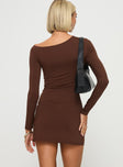 back view of model wearing Princess Polly Kataline Long Sleeve Mini Dress Chocolate Asymmetric Neckline 