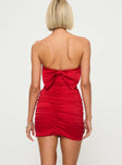 back view of model wearing Princess Polly Shaila Strapless Mini Dress Red Straight Neck 