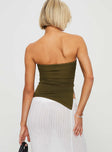 Strapless top Elasticated band at bust, asymmetric hem, split at side Good stretch, unlined 