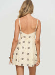 back view of model wearing Princess Polly Elian Linen Blend Mini Dress Cream / Multi Square Neck 