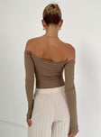 back view of model wearing Princess Polly Weaver Off Shoulder Bodysuit Full Sleeves straight 