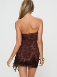 back view of model wearing Princess Polly Donelli Mini Dress Brown Paisley Straight Neck 