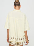 back view of model wearing Princess Polly Jamari Linen Blend Shirt Cream / Brown Half Sleeves V-Neck 