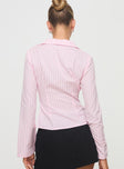 back view of model wearing Princess Polly Ambrose Shirt Pink Stripe Full Sleeves High Neck 