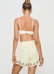 back view of model wearing Princess Polly Jamari Linen Blend Shorts Cream / Brown High Waisted Shorts 