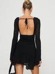 Long sleeve romper V-neckline, tie fastening at back of neck, ruched waistband, open back Good stretch, partially lined Princess Polly Lower Impact