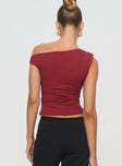 back view of model wearing Princess Polly Danza Top Red Sleeveless Asymmetric Neckline 