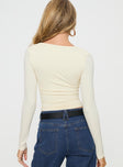 back view of model wearing Princess Polly Back In Time Long Sleeve Top Cream Full Sleeves Square Neck 