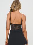 back view of model wearing Princess Polly Enchanta Lace Bodysuit Black Sleeveless Plunger 