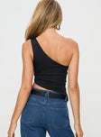 back view of model wearing Princess Polly Carmonie One Shoulder Top Black Sleeveless Asymmetric Neckline 