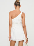 back view of model wearing Princess Polly Mayzie One Shoulder Mini Dress White Asymmetric Neckline 