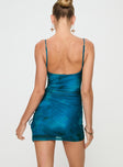 back view of model wearing Princess Polly Osta Mini Dress Blue Cowl Neck 