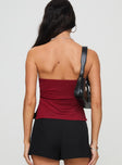 back view of model wearing Princess Polly Round The World Strapless Top Burgundy Sleeveless straight 