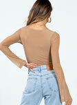 back view of model wearing Princess Polly Jacob Long Sleeve Bodysuit Brown Full Sleeves Sweetheart 