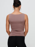 back view of model wearing Princess Polly Kind To Another Ruched Top Mauve Sleeveless Cowl 