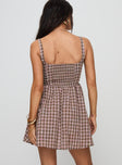 back view of model wearing Princess Polly Cartmel Mini Dress Brown / Pink Square Neck 