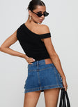 back view of model wearing Princess Polly Pacific Coast Denim Cargo Skirt Dark Wash Mini Skirts 