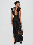 back view of model wearing Princess Polly Butacup Frill Maxi Dress Black V-Neck 