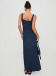 back view of model wearing Princess Polly Vaugn Maxi Dress Navy Sweetheart Neckline 