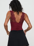 back view of model wearing Princess Polly Roan Lace Bodysuit Burgundy Sleeveless 