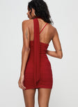 back view of model wearing Princess Polly Corentine Mini Dress Red Asymmetric Neckline 