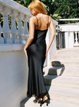 back view of model wearing Princess Polly Jorjette Lace Maxi Dress Black Plunger 