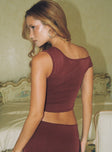 back view of model wearing Princess Polly Rios One Shoulder Top Mauve Sleeveless Asymmetric Neckline 