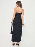 back view of model wearing Princess Polly Emily Maxi Dress Black Polka Dot V-Neck 