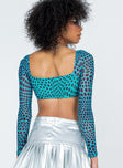 back view of model wearing Princess Polly Becca Long Sleeve Crop Top Teal 