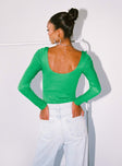 back view of model wearing Princess Polly Crosby Long Sleeve Bodysuit Green Full Sleeves Scoop Neck 