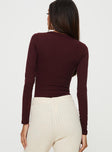 back view of model wearing Princess Polly Kandis Long Sleeve Bodysuit Burgundy Full Sleeves V-Neck 