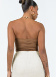 back view of model wearing Princess Polly Lenton Bodysuit Brown Sleeveless Sweetheart 